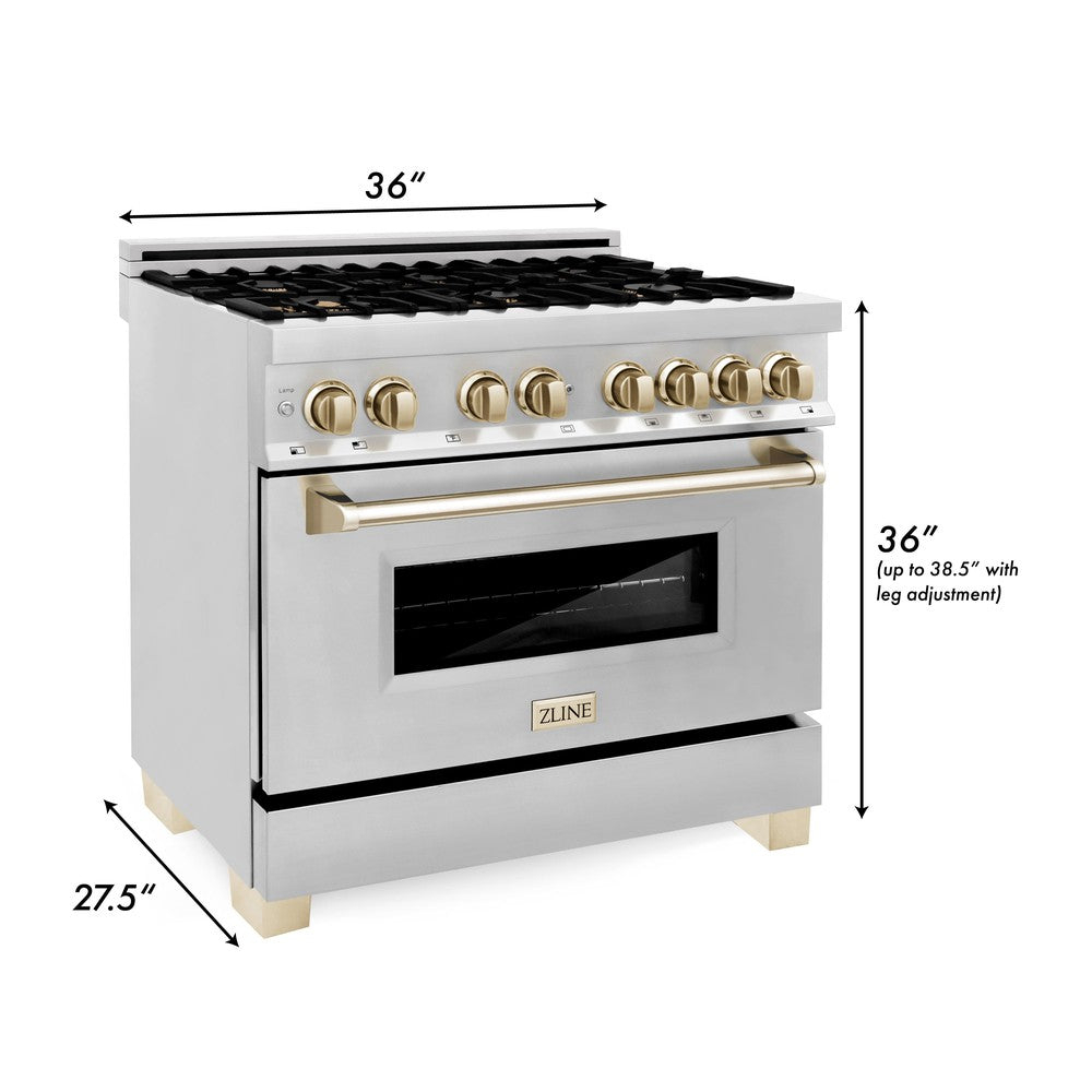 ZLINE Autograph Edition 36 in. Kitchen Package with Stainless Steel Dual Fuel Range, Range Hood, Dishwasher and Refrigeration Including External Water Dispenser with Polished Gold Accents (4AKPR-RARHDWM36-G)