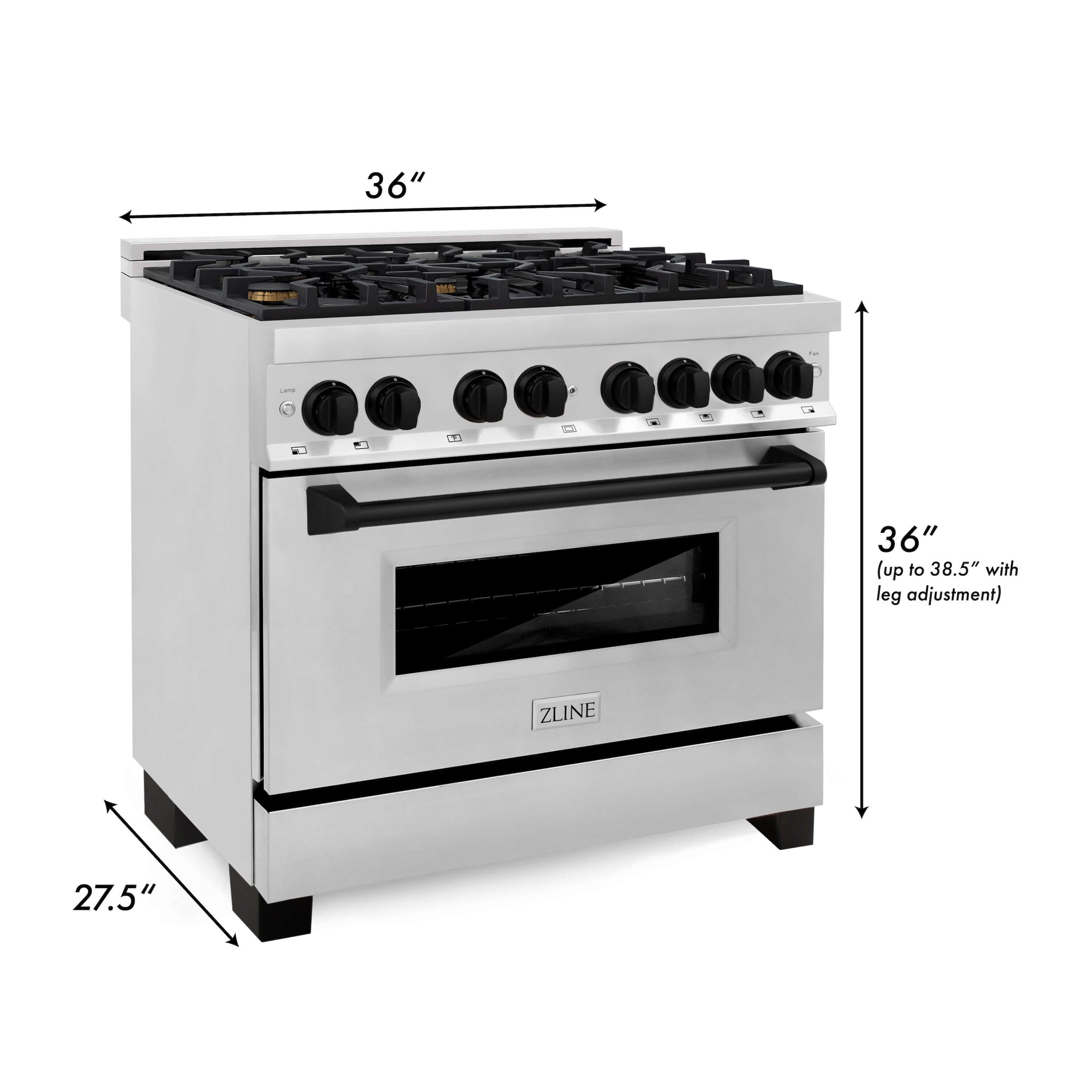 ZLINE Autograph Edition 36 in. Kitchen Package with Stainless Steel Dual Fuel Range, Range Hood, Dishwasher and Refrigeration Including External Water Dispenser with Matte Black Accents (4AKPR-RARHDWM36-MB) dimensional diagram with measurements.