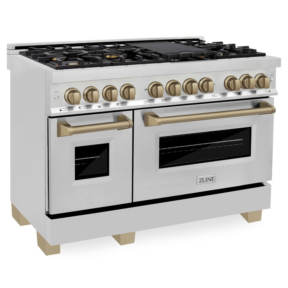 ZLINE Autograph Edition 48" Dual Fuel Range with Champagne Bronze accents 7-burner gas cooktop and double electric ovens side.