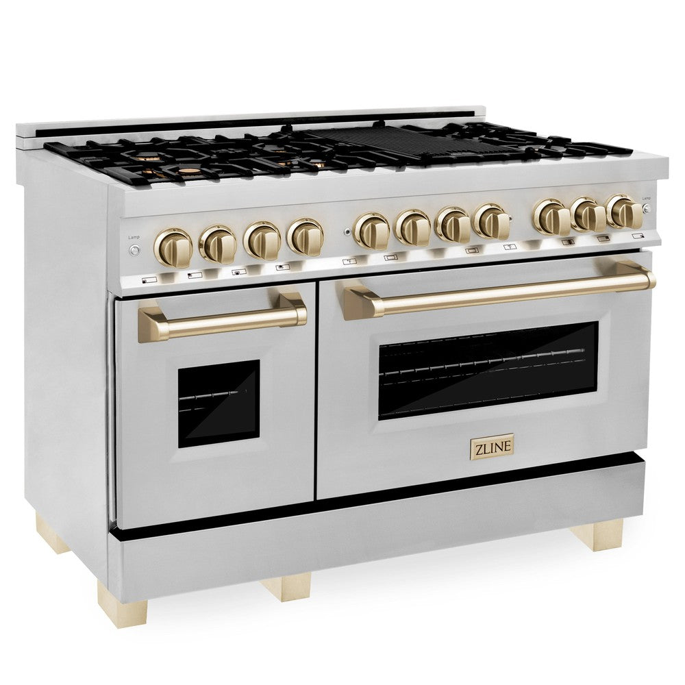 ZLINE Autograph Edition 48 in. 6.0 cu. ft. Dual Fuel Range with Gas Stove and Electric Oven in Stainless Steel with Polished Gold Accents side.