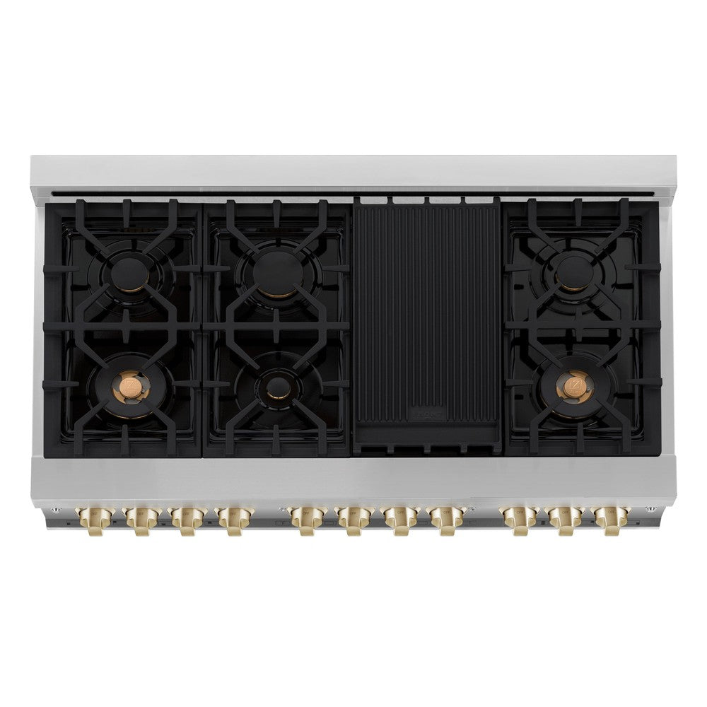 ZLINE Autograph Edition 48" Dual Fuel Range top down showing cooktop and griddle with brass burners.