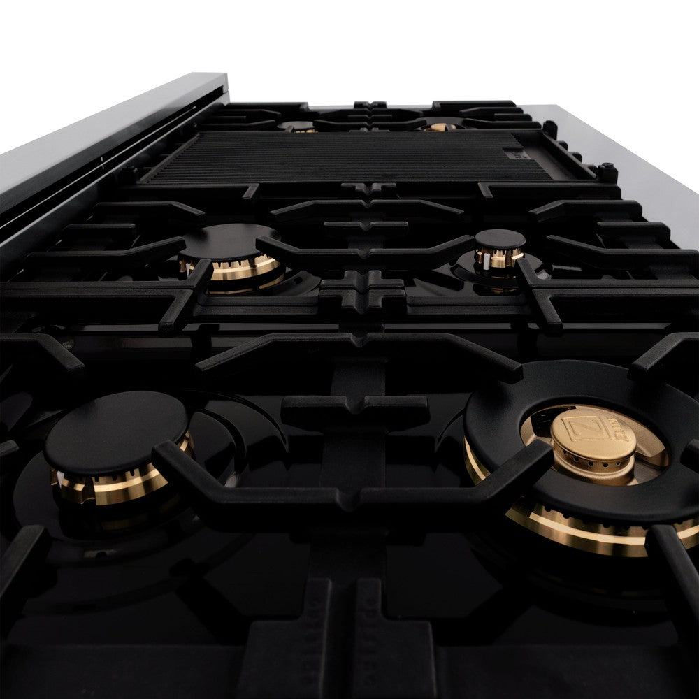 ZLINE brass burners, cast iron grates, and griddle on black porcelain cooktop.