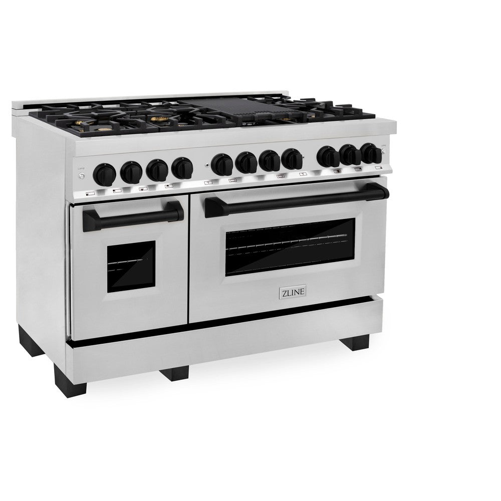 ZLINE Autograph Edition 48 in. 6.0 cu. ft. Legacy Dual Fuel Range with 7 Burner Gas Cooktop and 2 Electric Ovens in Stainless Steel and Matte Black Accents (RAZ-48-MB) side, oven closed.