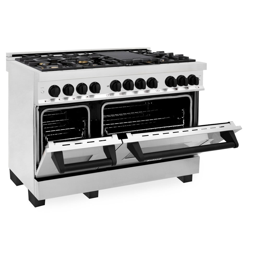 ZLINE Autograph Edition 48 in. 6.0 cu. ft. Legacy Dual Fuel Range with 7 Burner Gas Cooktop and 2 Electric Ovens in Stainless Steel and Matte Black Accents (RAZ-48-MB) side, oven half open.