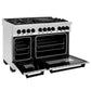 ZLINE Autograph Edition 48 in. 6.0 cu. ft. Legacy Dual Fuel Range with 7 Burner Gas Cooktop and 2 Electric Ovens in Stainless Steel and Matte Black Accents (RAZ-48-MB) side, oven open.