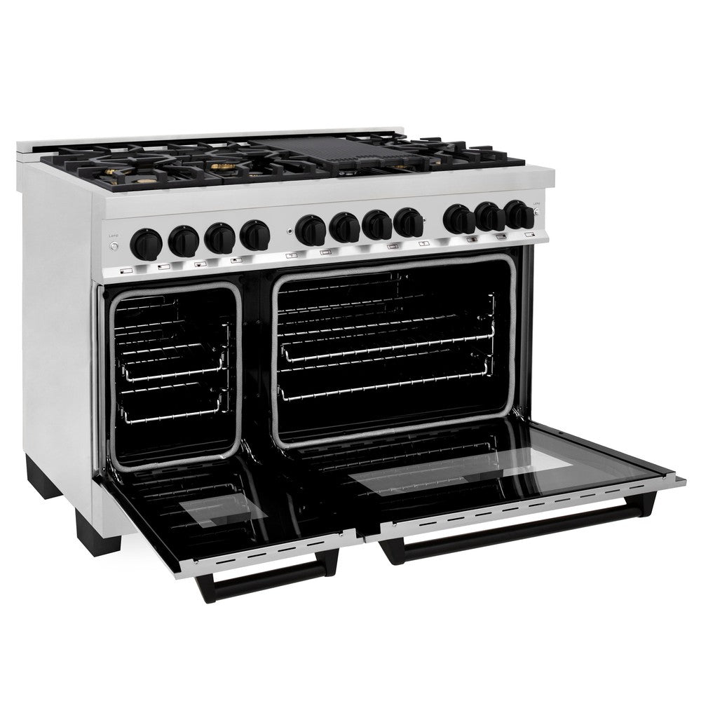 ZLINE Autograph Edition 48 in. 6.0 cu. ft. Legacy Dual Fuel Range with 7 Burner Gas Cooktop and 2 Electric Ovens in Stainless Steel and Matte Black Accents (RAZ-48-MB) side, oven open.
