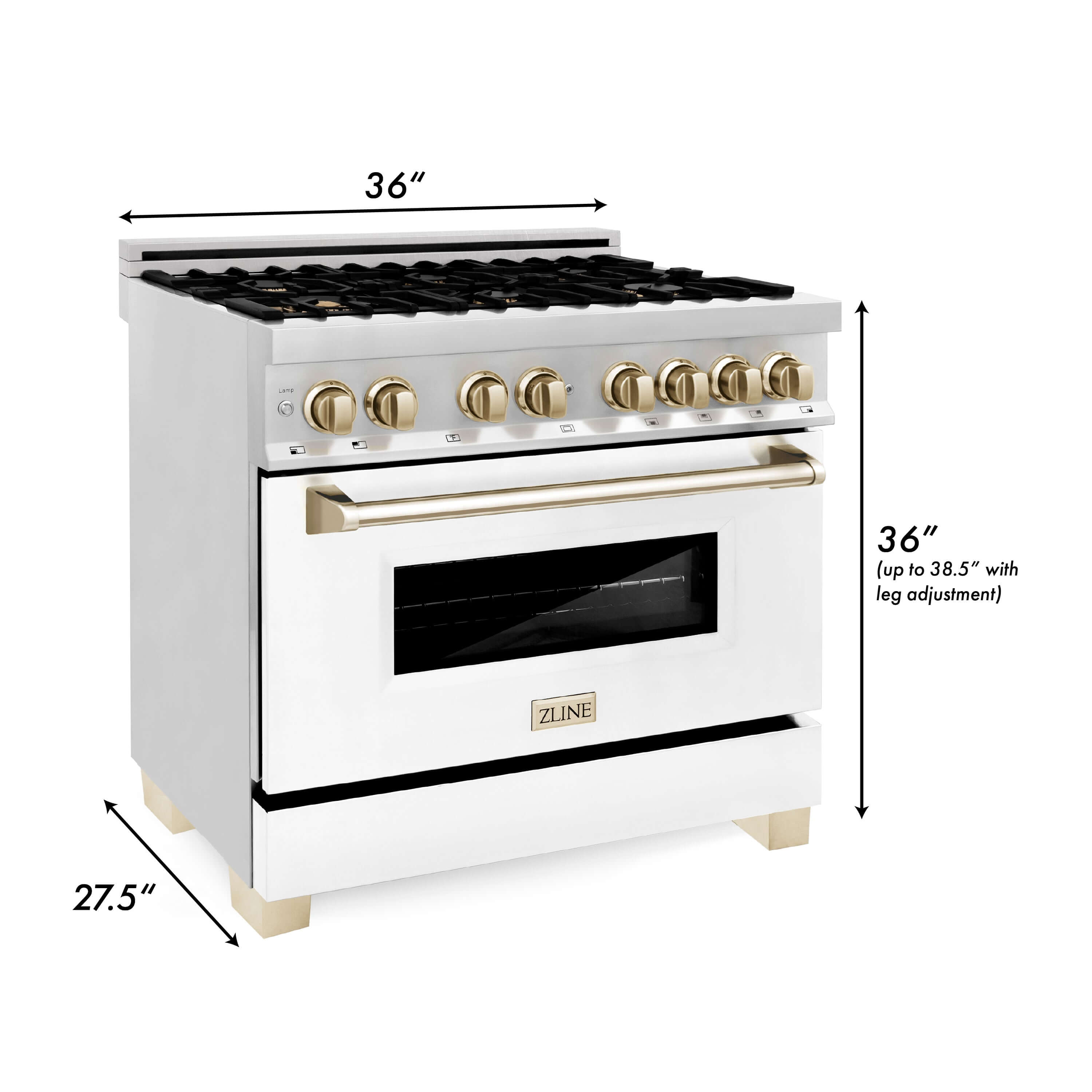 ZLINE Autograph Edition 36 in. Kitchen Package with Stainless Steel Dual Fuel Range with White Matte Door, Range Hood and Dishwasher with Polished Gold Accents (3AKP-RAWMRHDWM36-G) dimensional diagram with measurements.