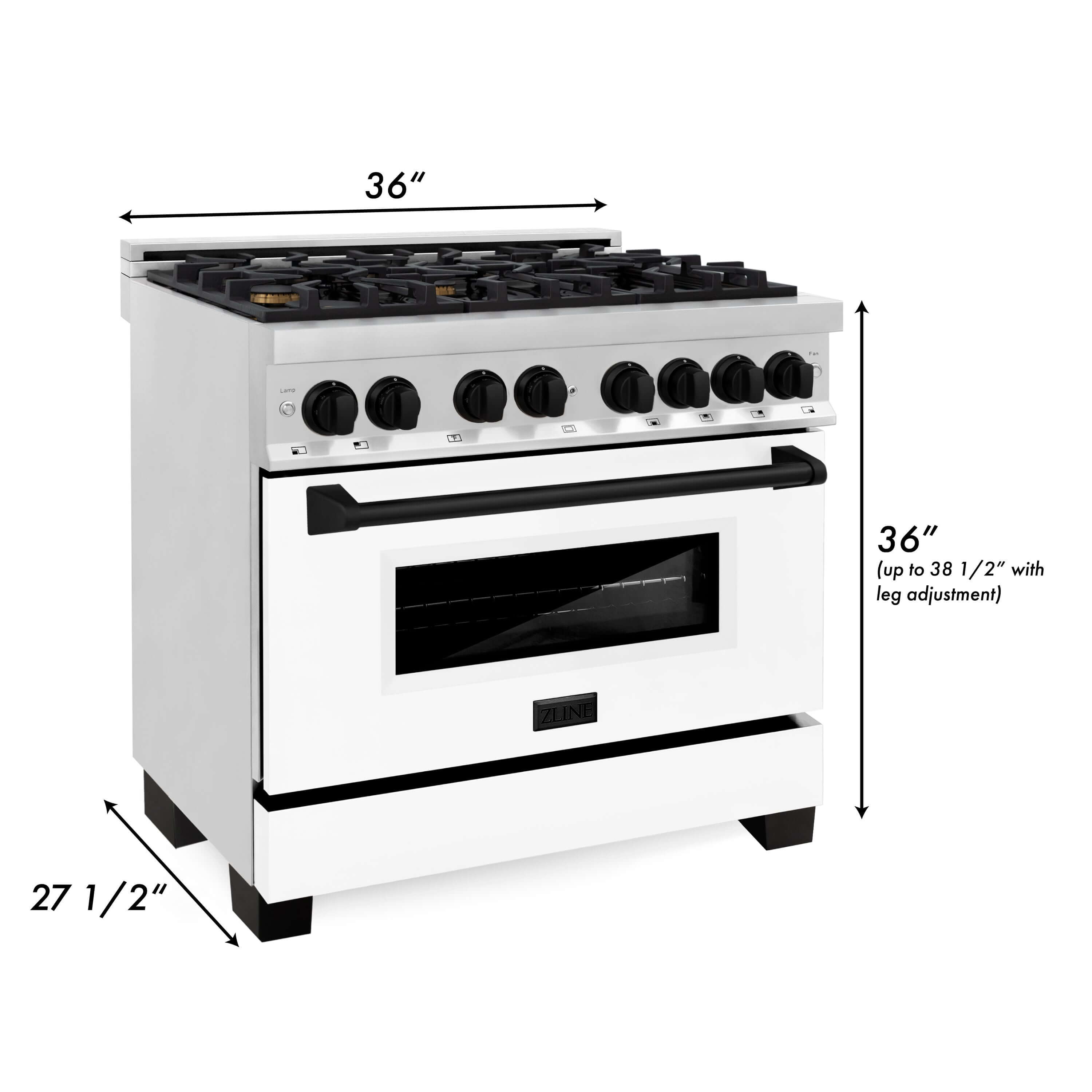 ZLINE Autograph Edition 36 in. Kitchen Package with Stainless Steel Dual Fuel Range with White Matte Door, Range Hood and Dishwasher with Matte Black Accents (3AKP-RAWMRHDWM36-MB) dimensional diagram with measurements.