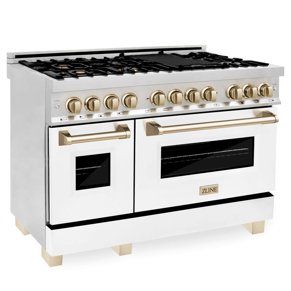 ZLINE Autograph Edition 48" Dual Fuel Range in Stainless Steel with White Matte Oven Doors and Polished Gold Accents side.