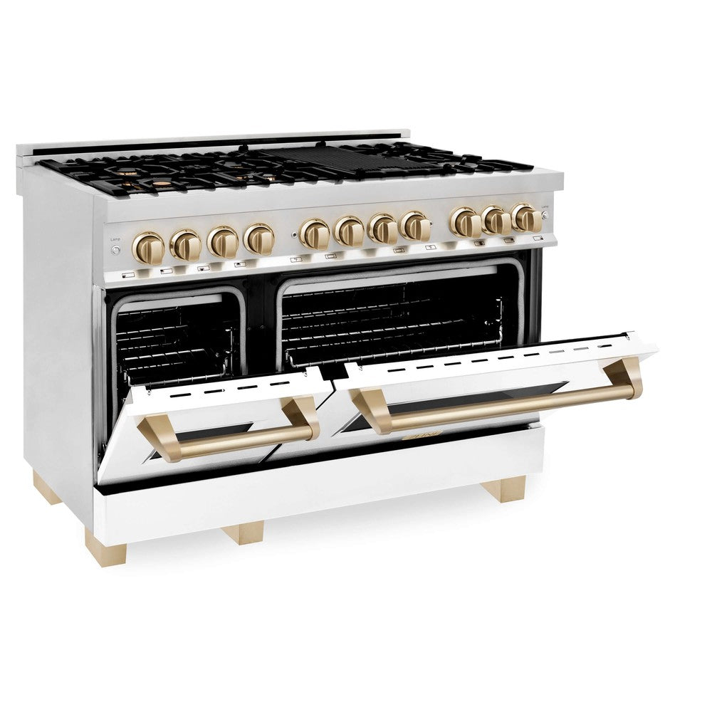 ZLINE Autograph Edition 48" Dual Fuel Range with Gold accents side with White Matte double oven doors partially open.