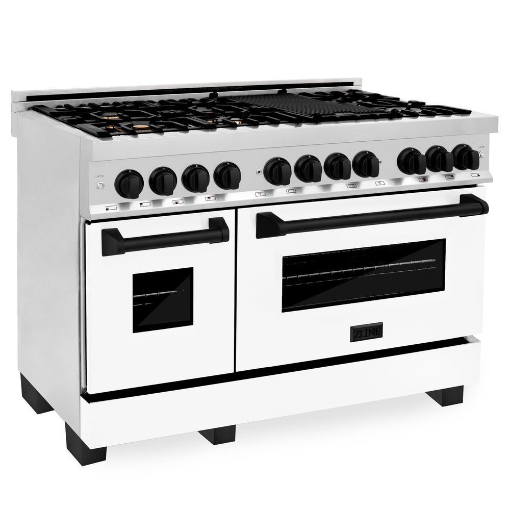 ZLINE 48 in. Autograph Edition Kitchen Package with Stainless Steel Dual Fuel Range with White Matte Door and Range Hood with Matte Black Accents (2AKP-RAWMRH48-MB)