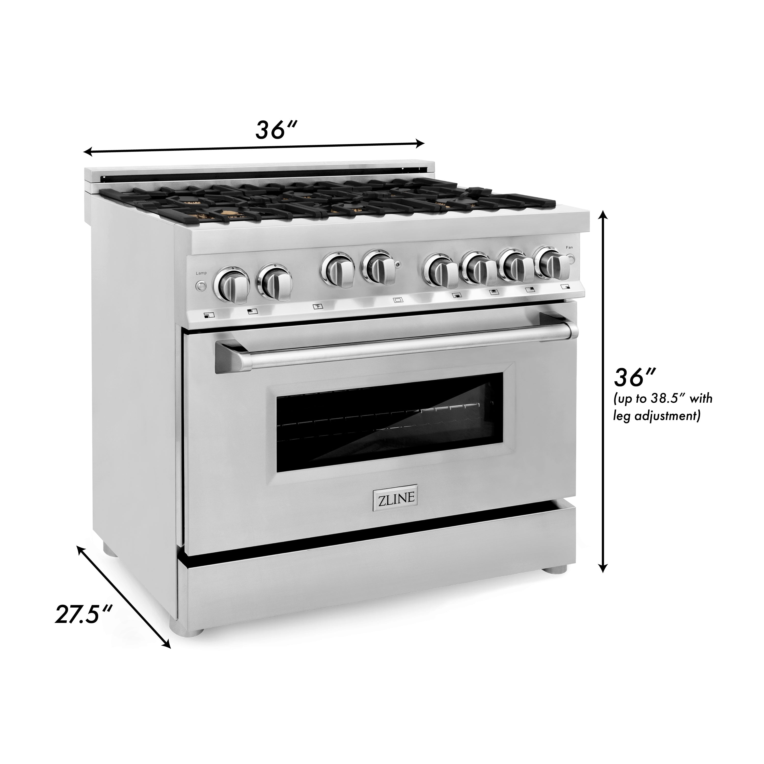 ZLINE 36 in. 4.6 cu. ft. Gas Oven and Gas Cooktop Range with Griddle and Brass Burners in Stainless Steel (RG-BR-GR-36)