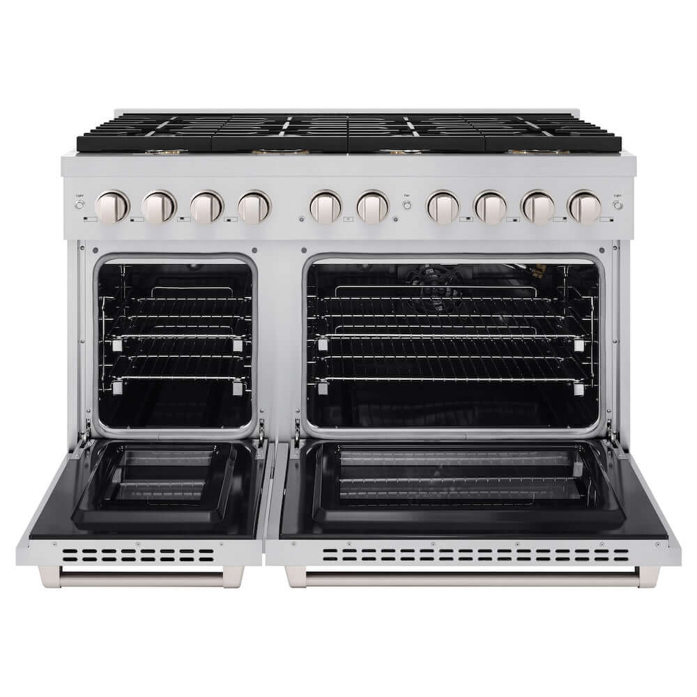 ZLINE 48 In. Freestanding Gas Range in Stainless Steel with Brass Burners (SGR-BR-48) front, oven open.