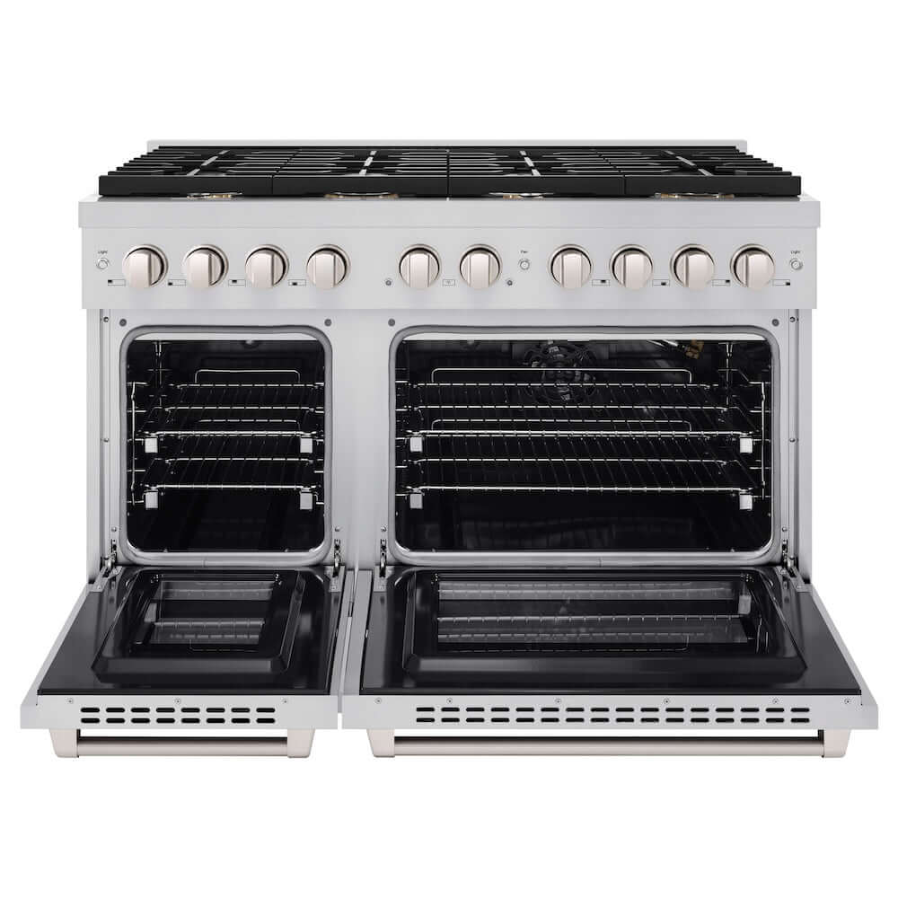 ZLINE 48 in. 6.7 cu. ft. Paramount Double Oven Gas Range in Stainless Steel with 8 Brass Burners (SGR-BR-48) front, oven open.