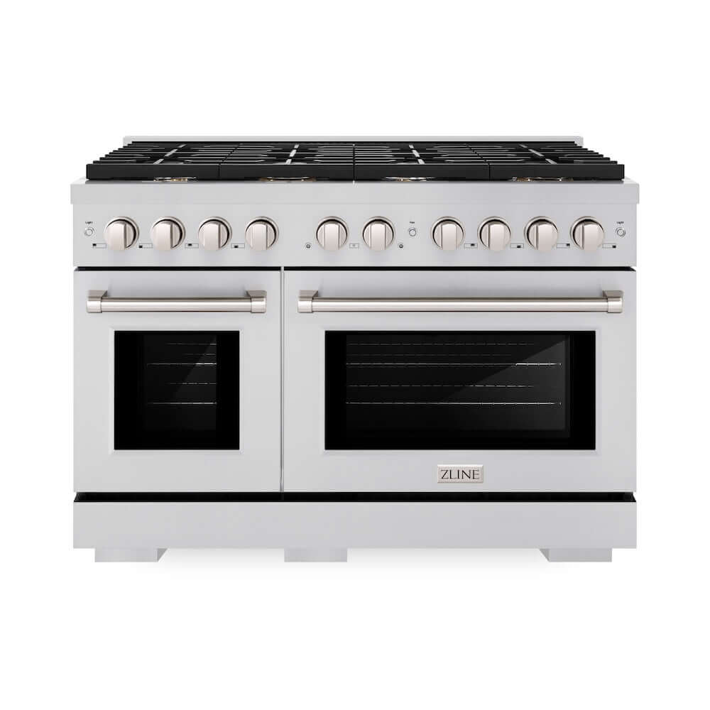 ZLINE 48 in. 6.7 cu. ft. Paramount Double Oven Gas Range in Stainless Steel with 8 Brass Burners (SGR-BR-48) front, oven closed.