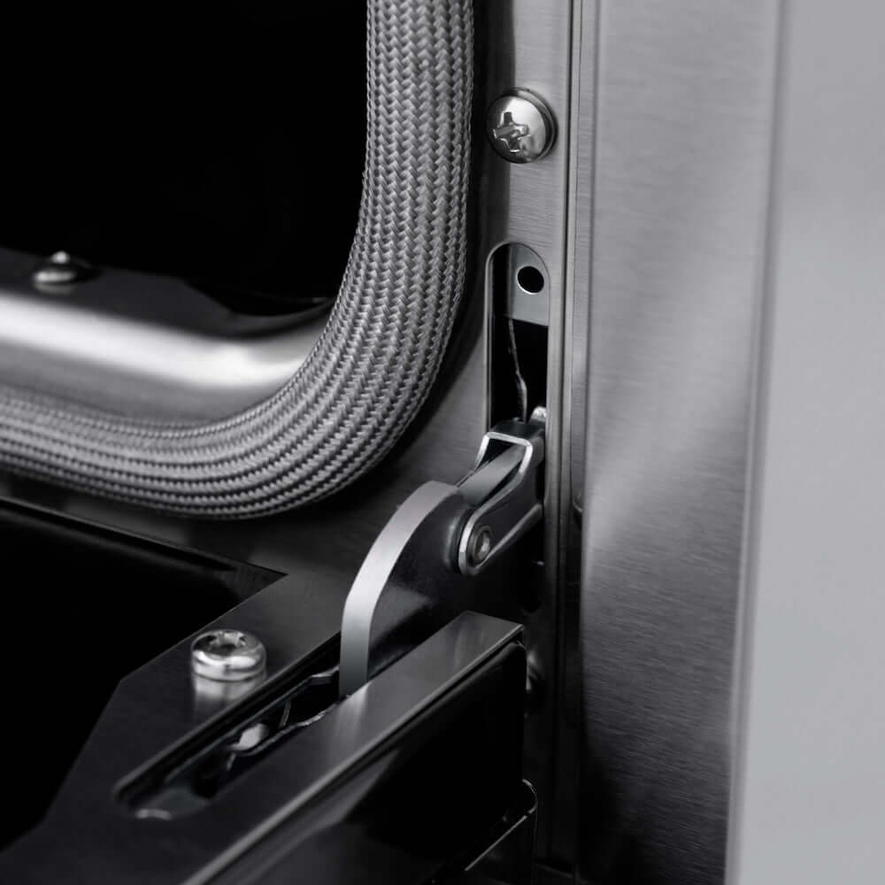 ZLINE 48 In. Freestanding Gas Range in Stainless Steel with Brass Burners (SGR-BR-48) StayPut oven door hinge close-up.