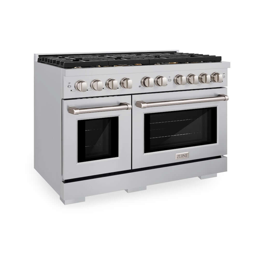 ZLINE 48 in. 6.7 cu. ft. Paramount Double Oven Gas Range in Stainless Steel with 8 Brass Burners (SGR-BR-48) side, oven closed.