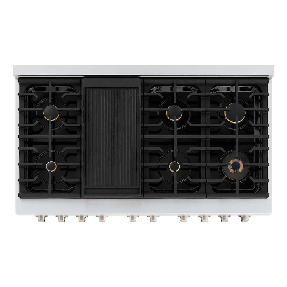 ZLINE 48 In. Freestanding Gas Range in Stainless Steel with Brass Burners (SGR-BR-48) from above showing cooktop.