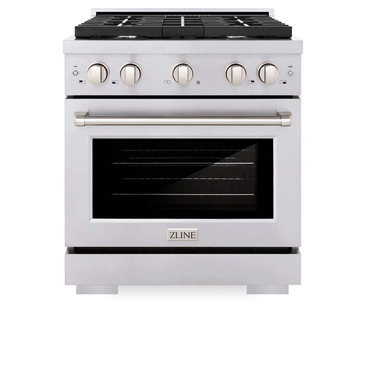 ZLINE 30" Stainless Steel Gas Range front with oven door closed.