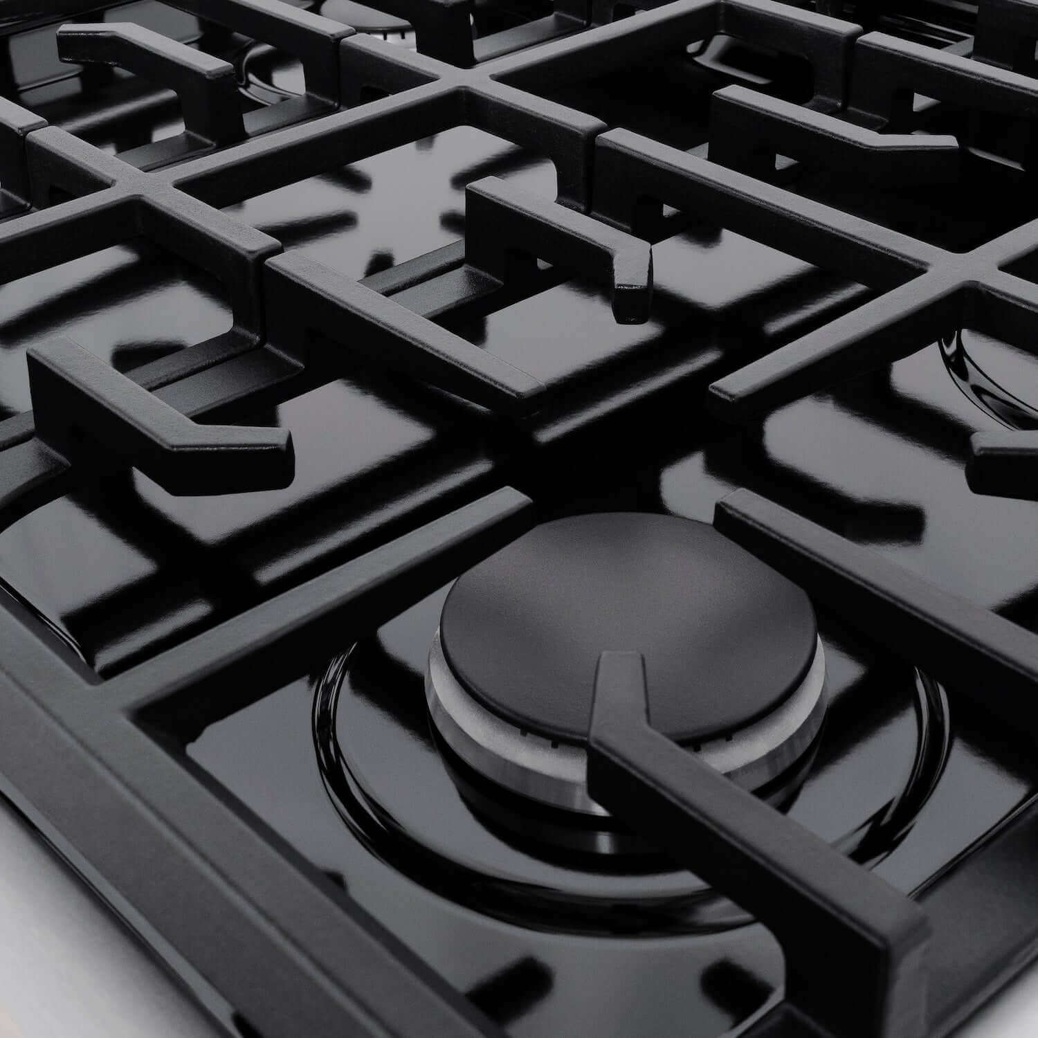 Black porcelain cooktop, burners, and cast iron grates on 30" Stainless Steel Gas Range.