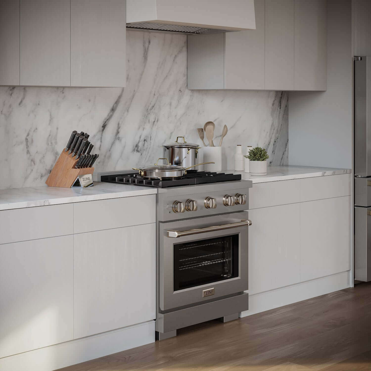ZLINE 30" Stainless Steel Gas Range side in a  modern luxury kitchen.