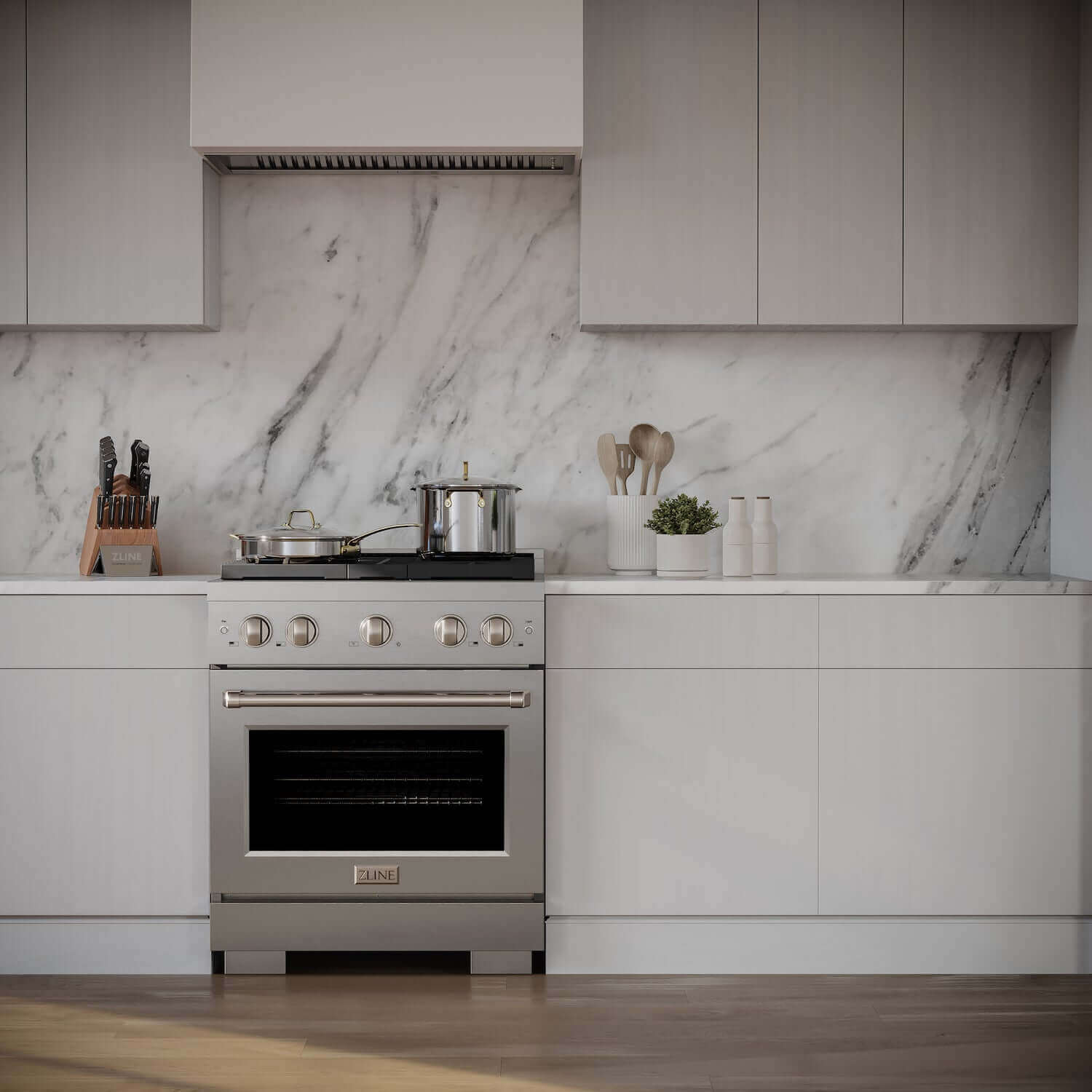 ZLINE 30" Stainless Steel Gas Range wide in a modern luxury kitchen.