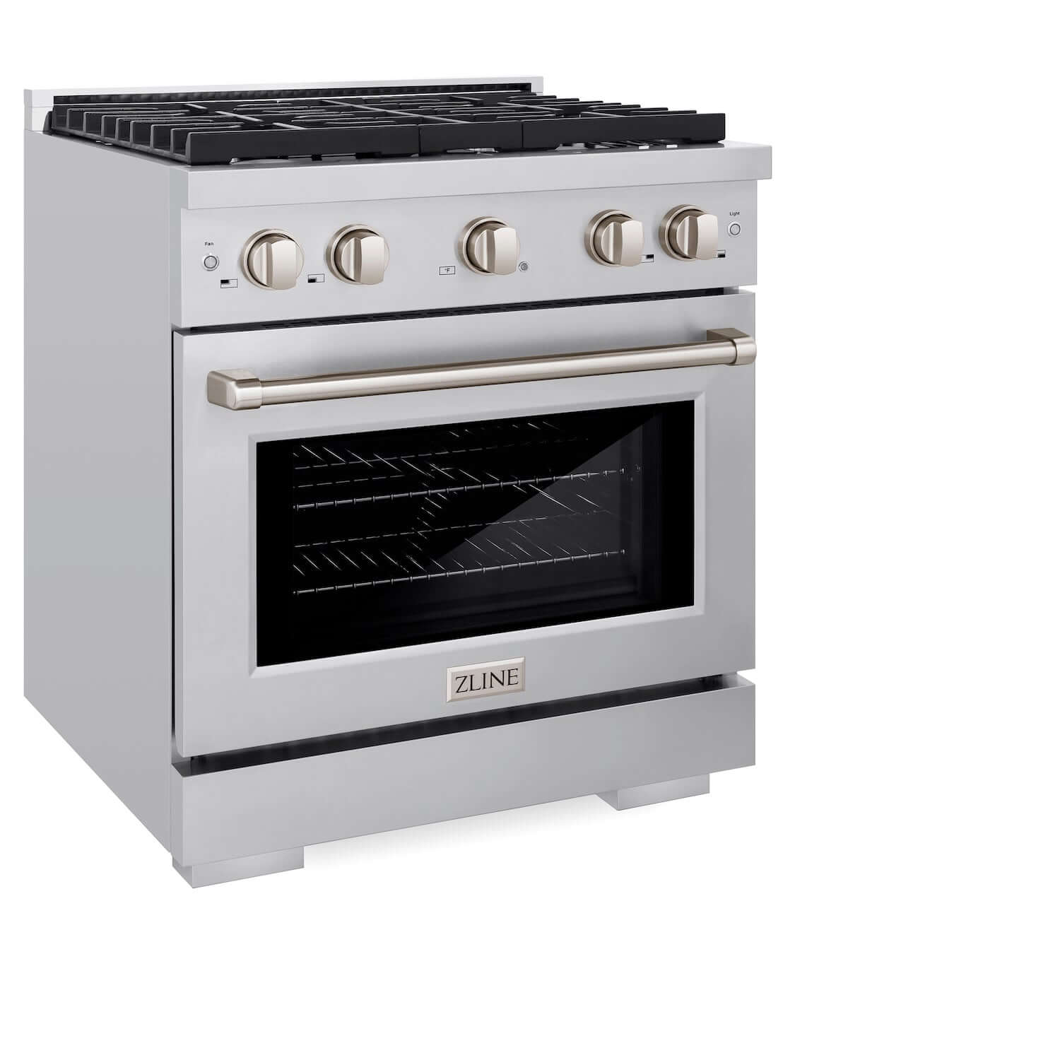 ZLINE 30" Stainless Steel Gas Range side angle with oven door closed.
