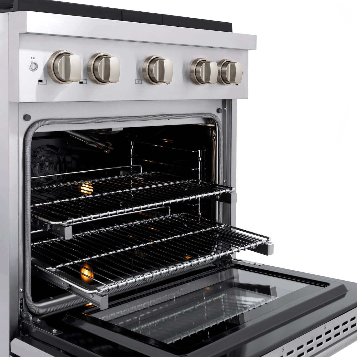 ZLINE 30" Stainless Steel Gas Range with oven door open and dual halogen oven lights activated.