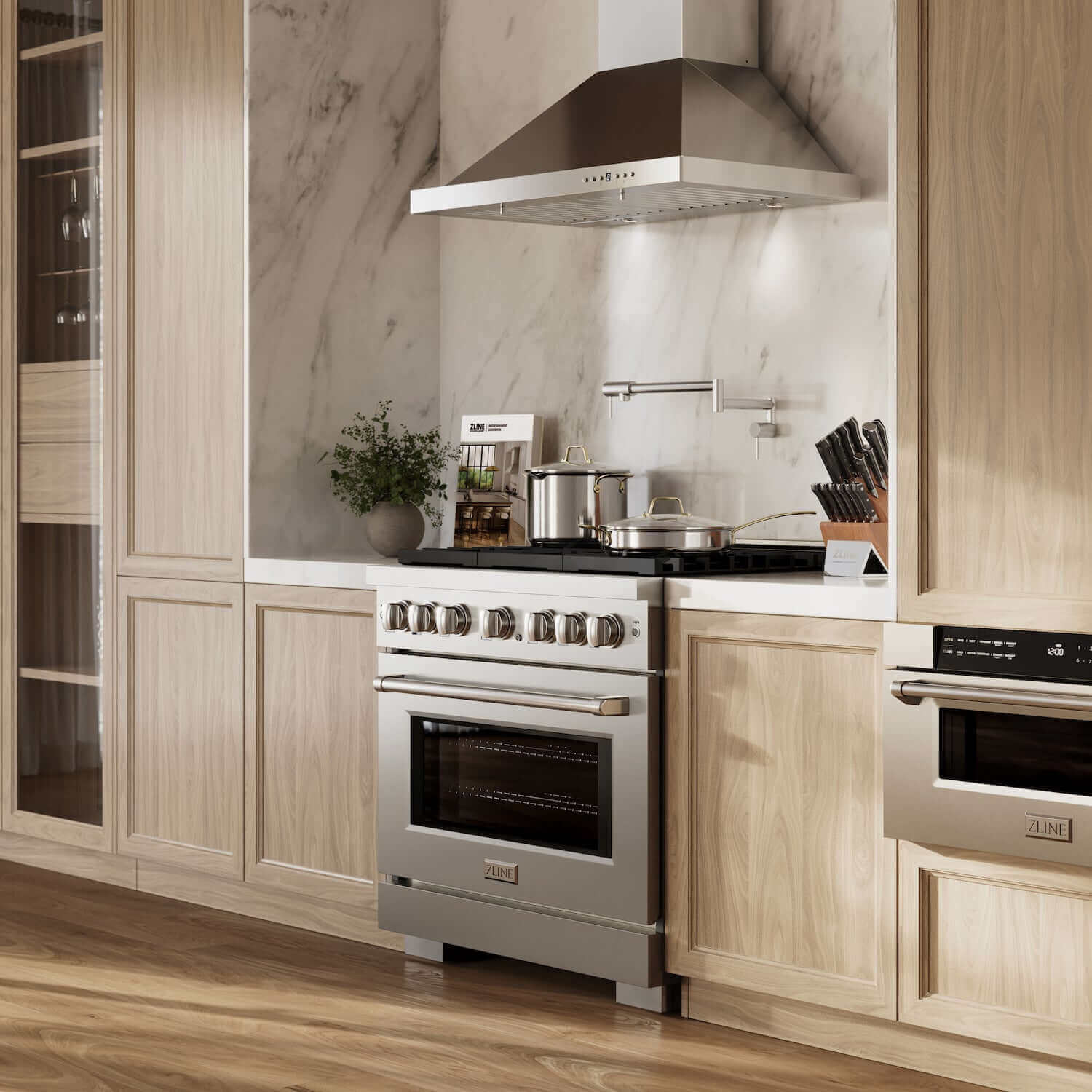 ZLINE 36-inch stainless steel gas range in luxury kitchen side angle.