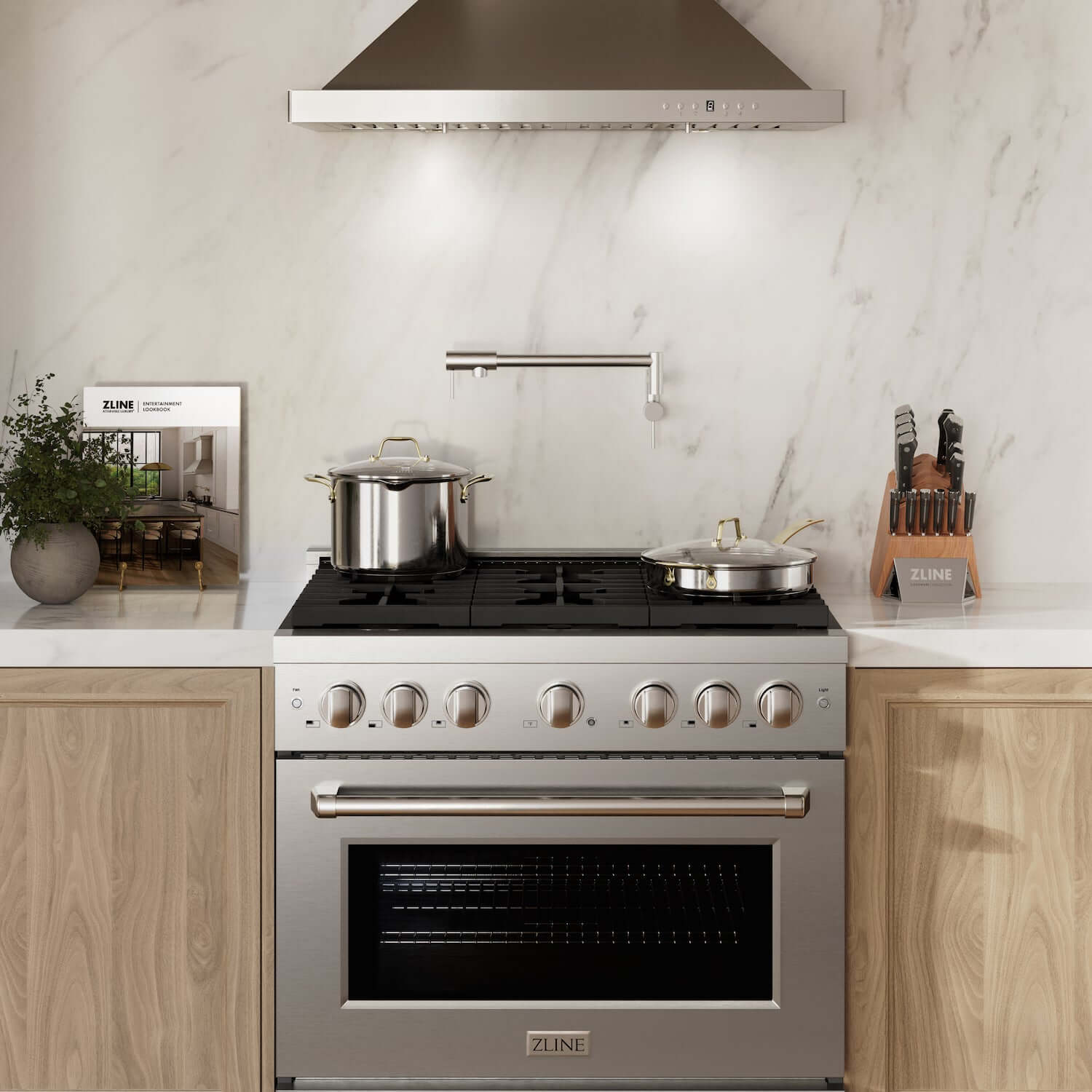 ZLINE 36" Kitchen Package with Stainless Steel Gas Range and Convertible Vent Range Hood in a luxury farmhouse-style kitchen with cookware and pot filler.