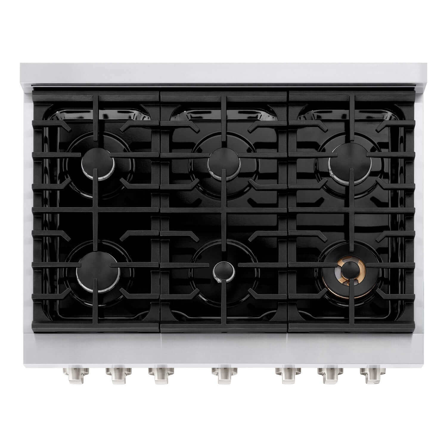 ZLINE 36-inch stainless steel gas range cooktop with black porcelain finish and 6 burners.