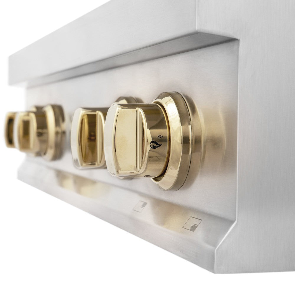 Polished Gold cooktop knobs.