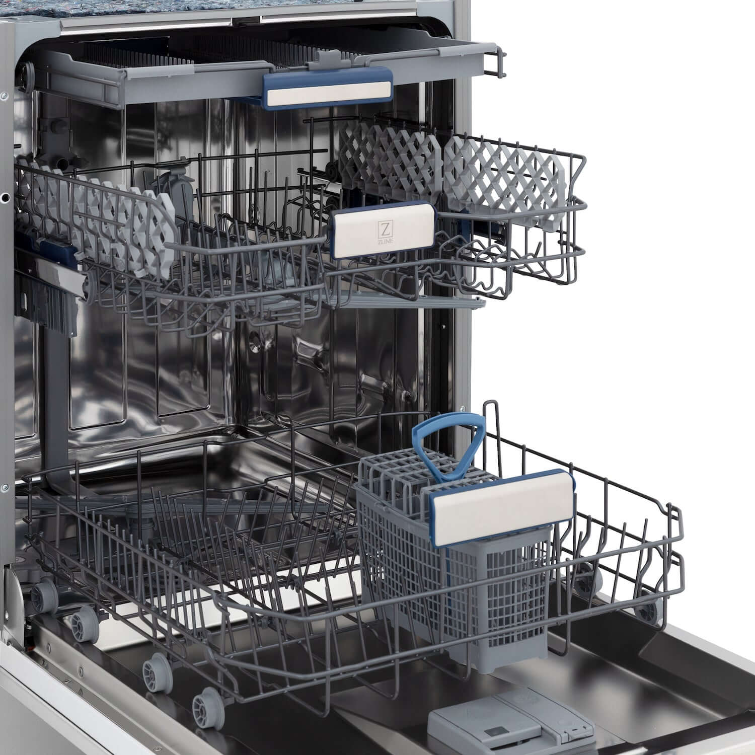 ZLINE 24" Stainless Steel Dishwasher with door open and three racks inside tub.