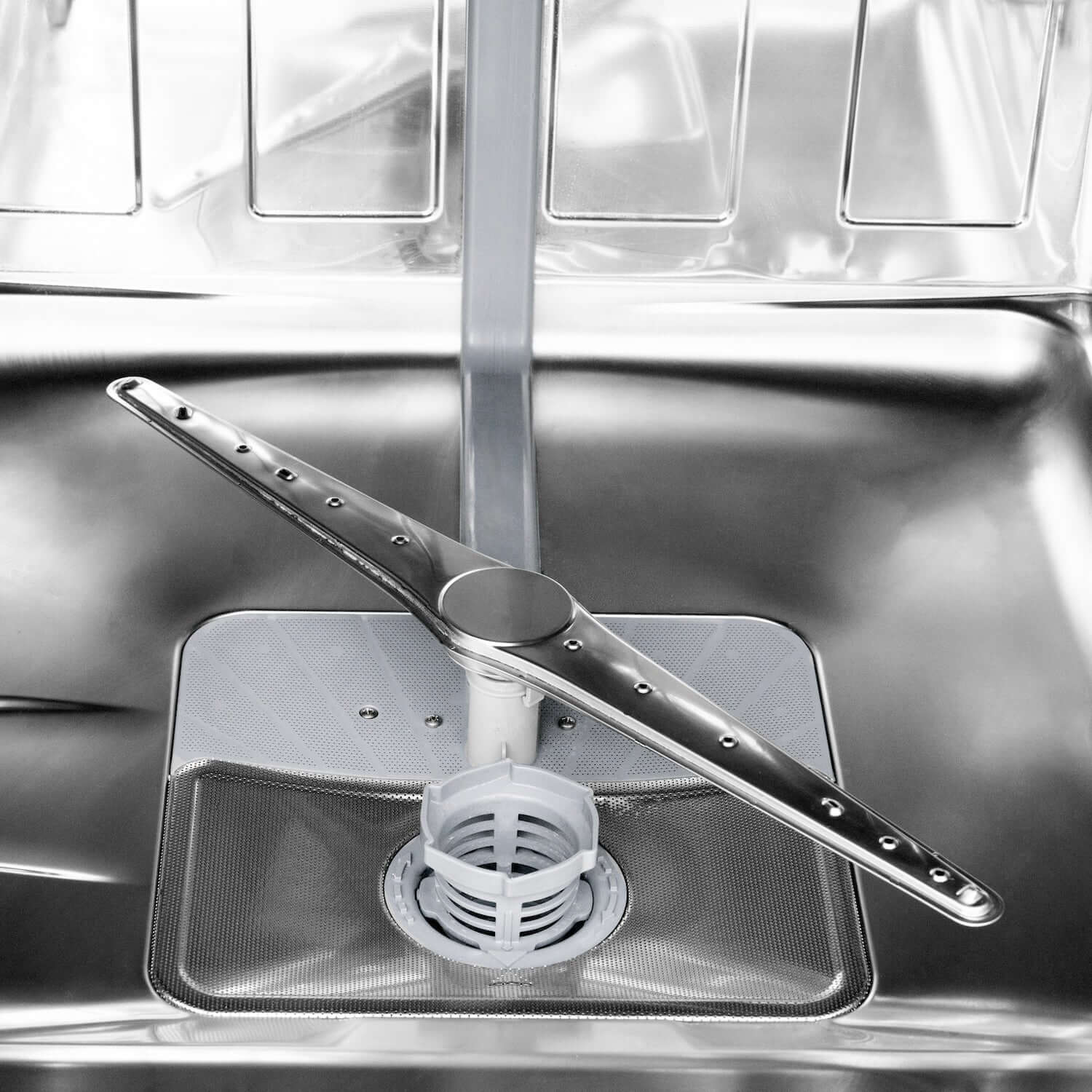 ZLINE Dishwasher bottom sprayer inside stainless steel tub.