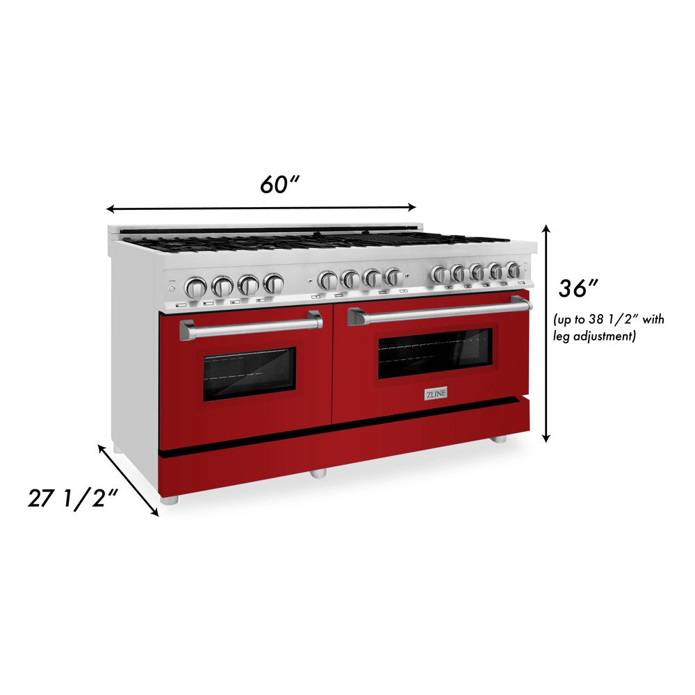 ZLINE 60 in. 7.4 cu. ft. Dual Fuel Range with Gas Stove and Electric Oven in Stainless Steel with Red Gloss Doors (RA-RG-60) dimensional diagram with measurements.