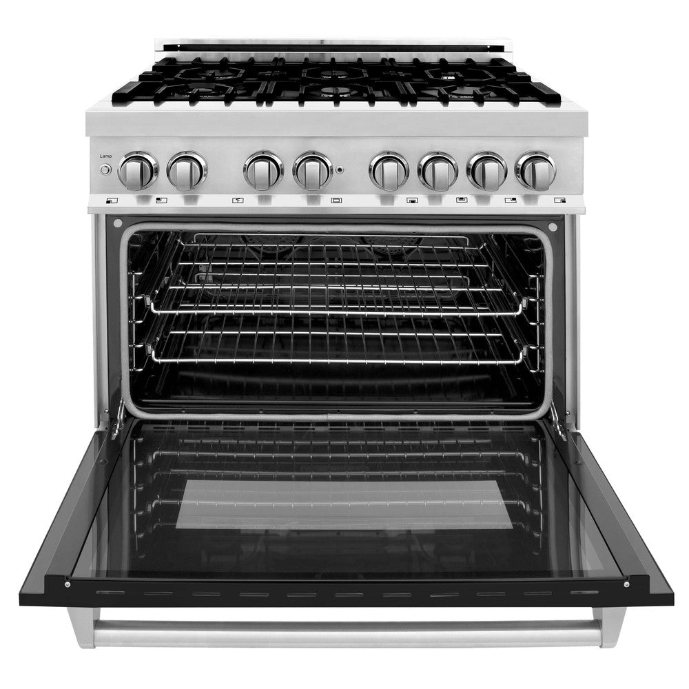 ZLINE 36 in. Kitchen Package with Stainless Steel Dual Fuel Range with Black Matte Door and Convertible Vent Range Hood (2KP-RABLMRH36)