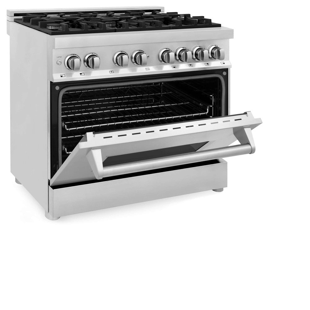 ZLINE 36 in. Dual Fuel Range with Gas Stove and Electric Oven side with oven door halfway open.