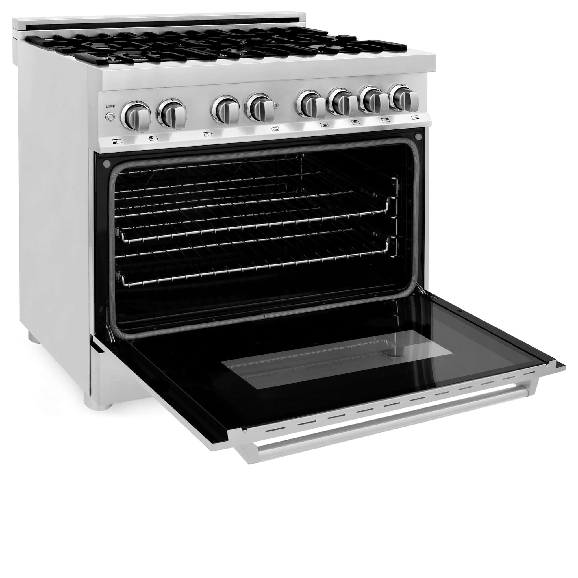 ZLINE 36 in. Dual Fuel Range with Gas Stove and Electric Oven side with oven door open.