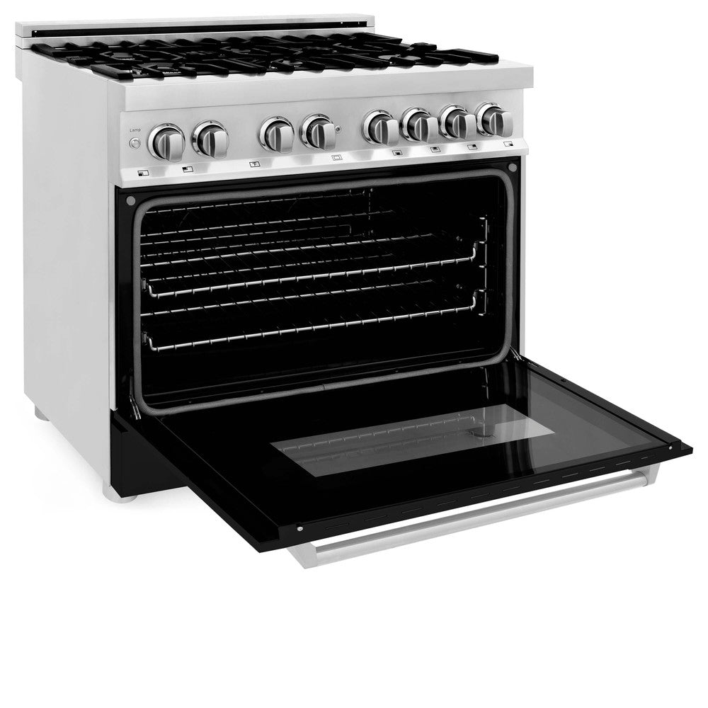 ZLINE 36 in. Kitchen Package with Stainless Steel Dual Fuel Range with Black Matte Door and Convertible Vent Range Hood (2KP-RABLMRH36)