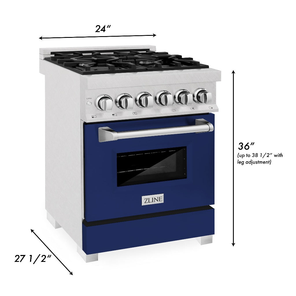 ZLINE 24 in. Professional Dual Fuel Range in Fingerprint Resistant Stainless Steel with Blue Gloss Door (RAS-BG-24) dimensional diagram with measurements.