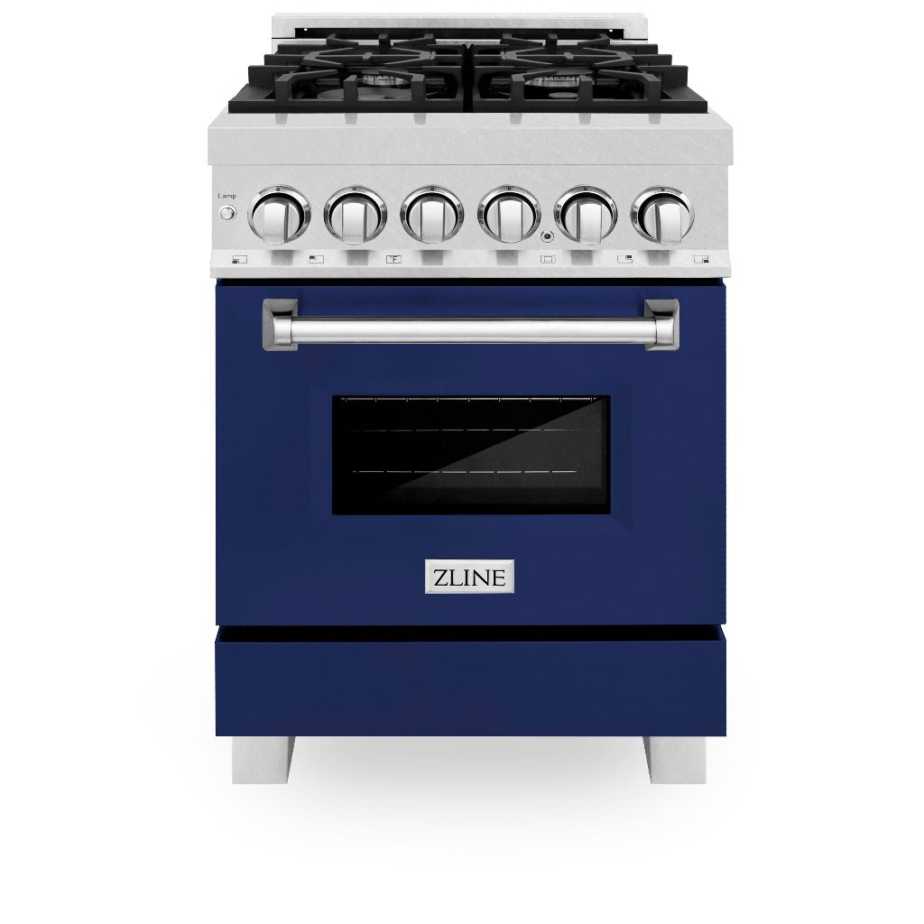 ZLINE 24 in. 2.8 cu. ft. Legacy Dual Fuel Range with 4 Burner Gas Cooktop and Electric Convection Oven in DuraSnow® Stainless Steel and Blue Gloss Door (RAS-BG-24) front, oven closed.