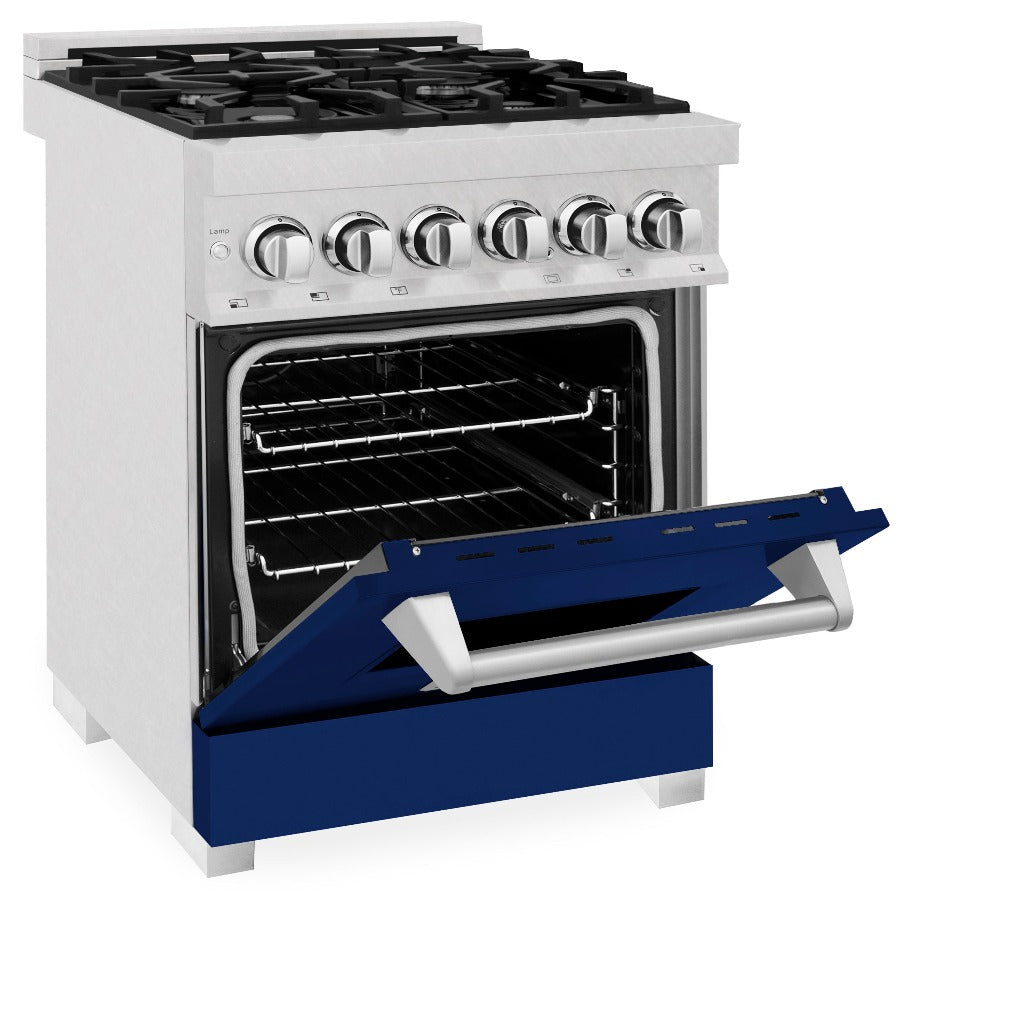 ZLINE 24 in. Professional Dual Fuel Range in Fingerprint Resistant Stainless Steel with Blue Gloss Door (RAS-BG-24) side, oven half open.