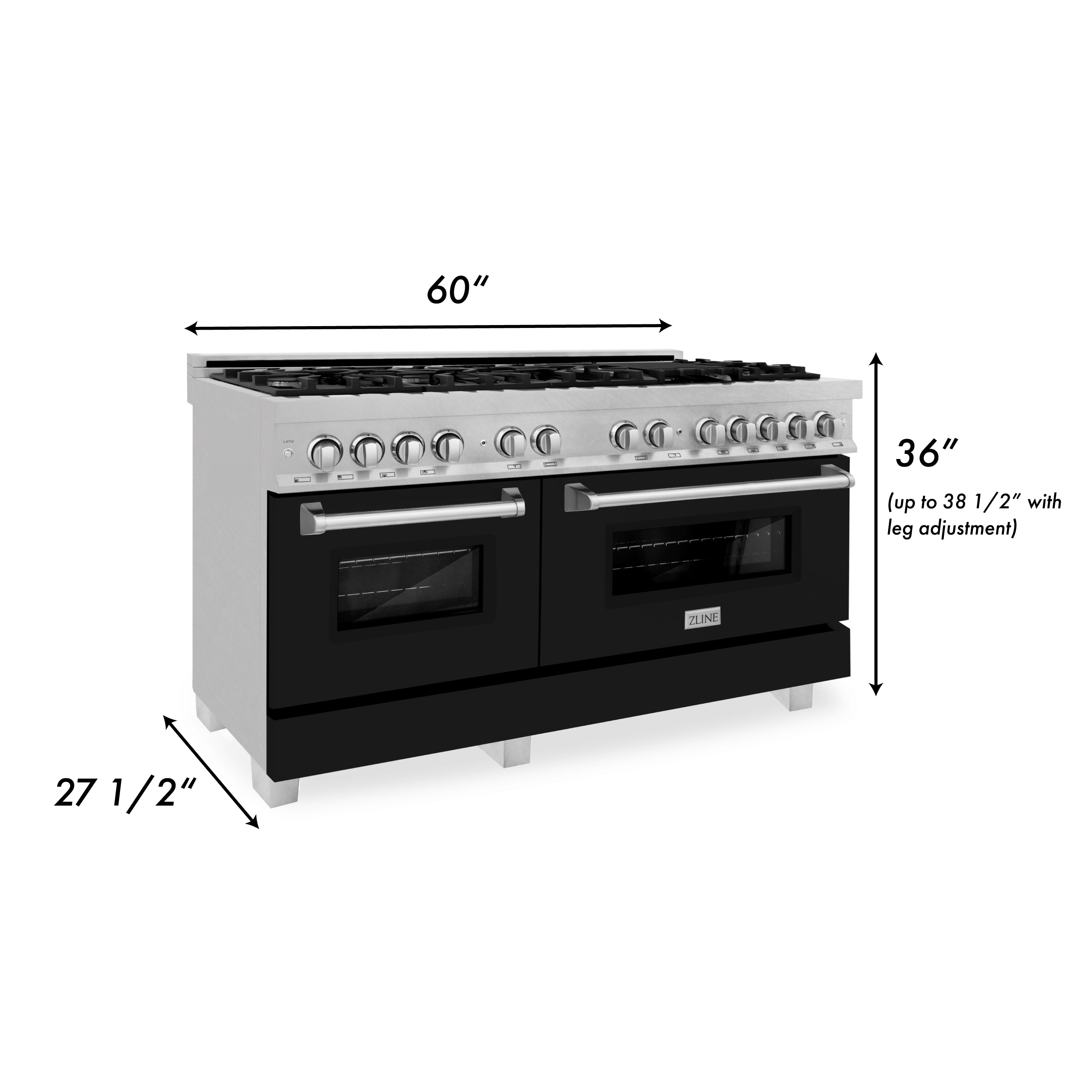 ZLINE 60 In. Professional Dual Fuel Range in DuraSnow® Stainless Steel with Black Matte Doors (RAS-BLM-60) dimensional diagram with measurements.