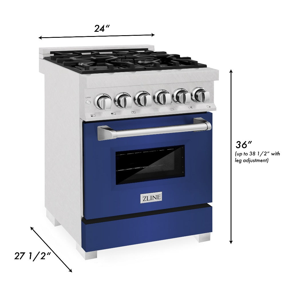 ZLINE 24 in. Professional Dual Fuel Range in Fingerprint Resistant Stainless Steel with Blue Matte Door (RAS-BM-24) dimensional diagram with measurements.