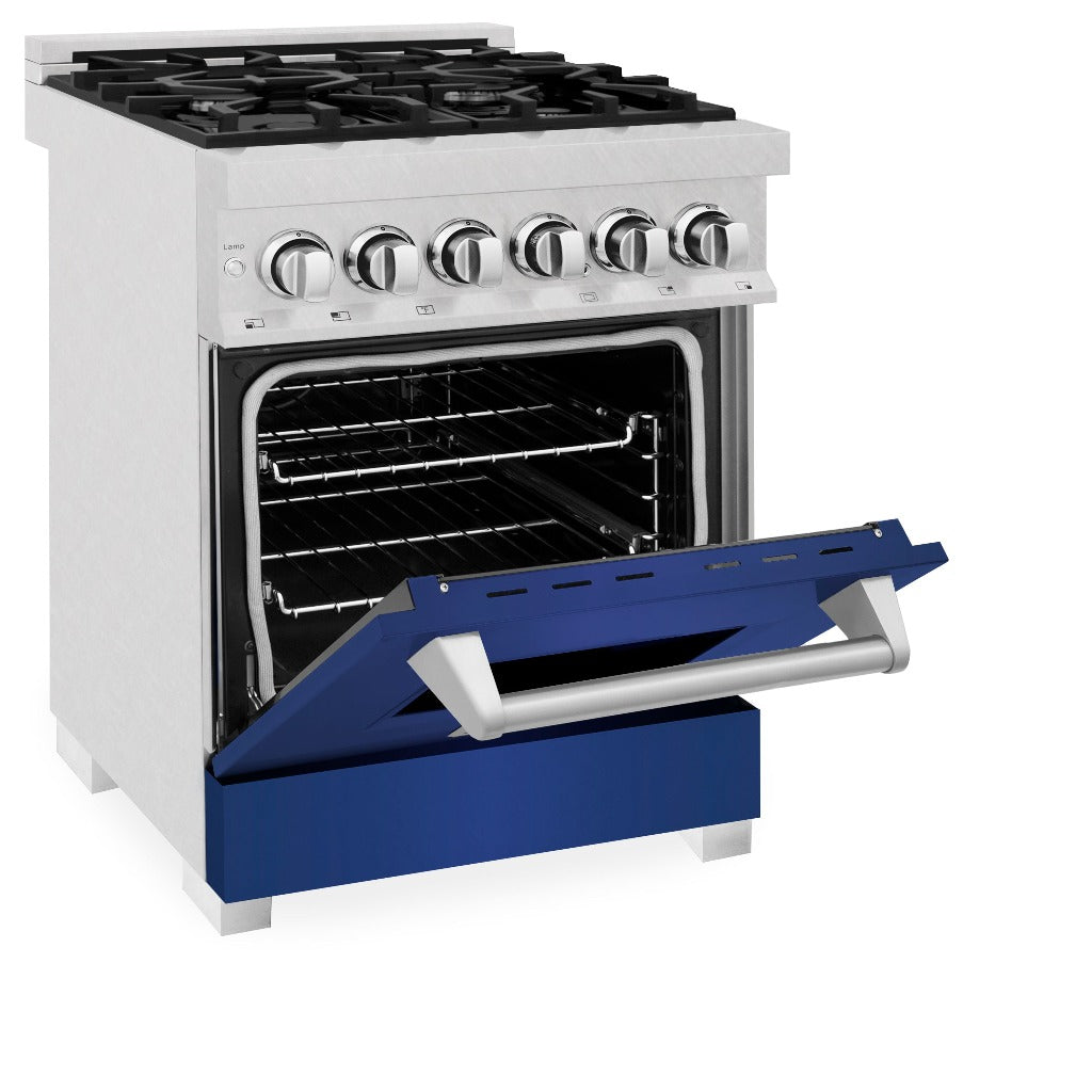 ZLINE 24 in. Professional Dual Fuel Range in Fingerprint Resistant Stainless Steel with Blue Matte Door (RAS-BM-24) side, oven half open.