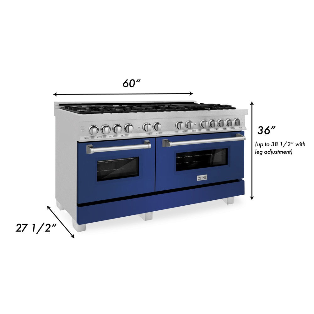 ZLINE 60 in. 7.4 cu. ft. Dual Fuel Range with Gas Stove and Electric Oven in Fingerprint Resistant Stainless Steel with Blue Matte Doors (RAS-BM-60) dimensional diagram with measurements.