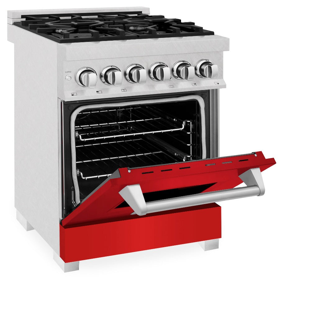 ZLINE 24 in. Professional Dual Fuel Range in Fingerprint Resistant Stainless Steel with Red Matte Door (RAS-RM-24) side, oven half open.