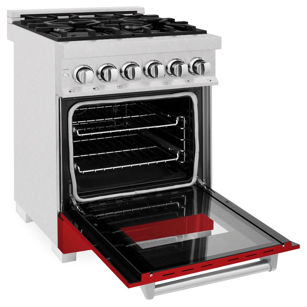 ZLINE 24 in. Professional Dual Fuel Range in Fingerprint Resistant Stainless Steel with Red Matte Door (RAS-RM-24) side, oven open.