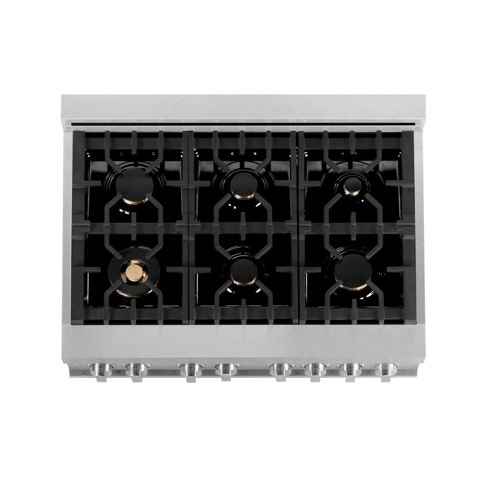 ZLINE 36 in. 4.6 cu. ft. Electric Oven and Gas Cooktop Dual Fuel Range with Griddle and Brass Burners in Fingerprint Resistant Stainless (RAS-SN-BR-GR-36) from above showing cooktop.
