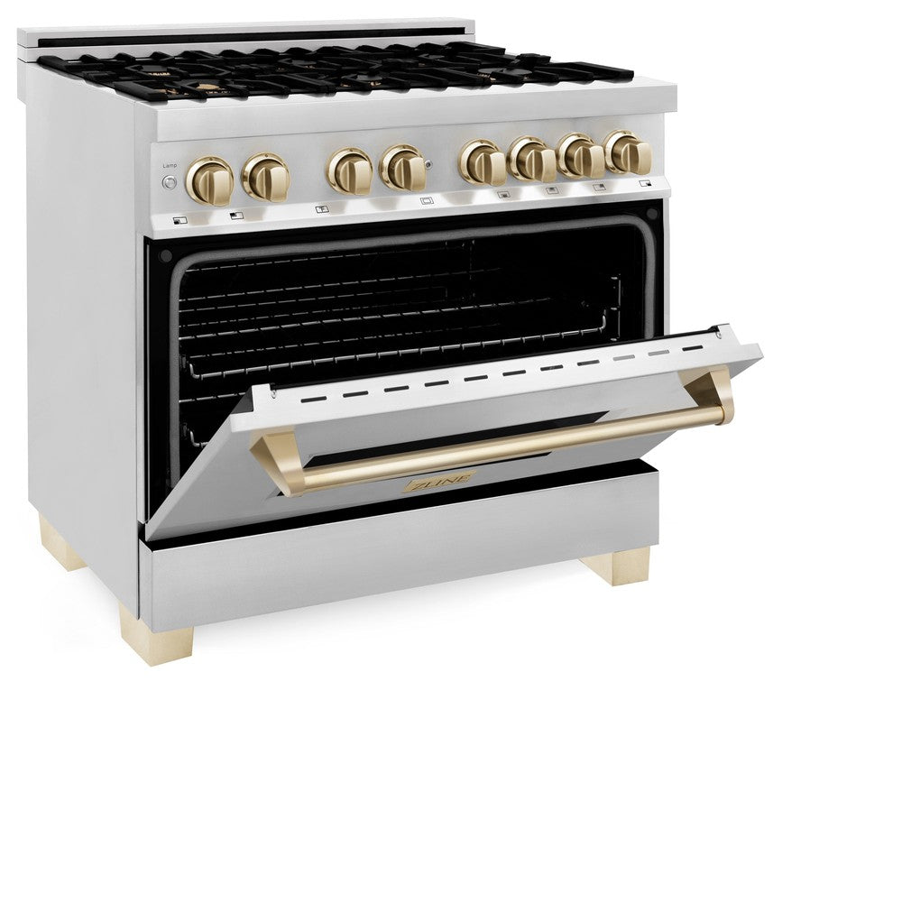 ZLINE Autograph Edition 36 in. Kitchen Package with Stainless Steel Dual Fuel Range, Range Hood, Dishwasher and Refrigeration Including External Water Dispenser with Polished Gold Accents (4AKPR-RARHDWM36-G)